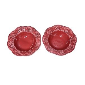 2 Bowls Bordallo‎ Pinheiro Poinsettia Christmas Red Soup Salad Bowl